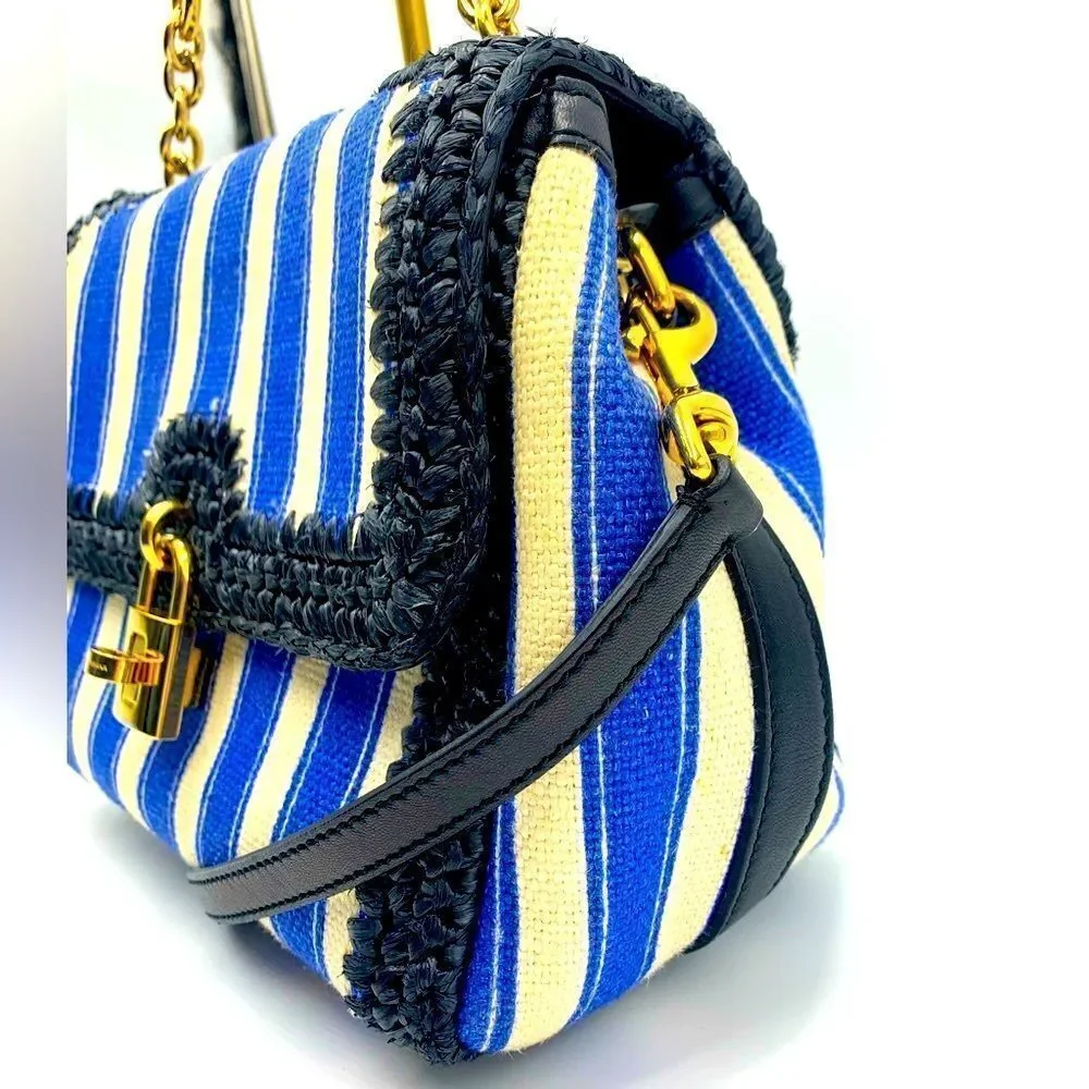 Auth Dolce & Gabbana Blue White Striped Canvas Raffia Handbag Lock Key Preloved